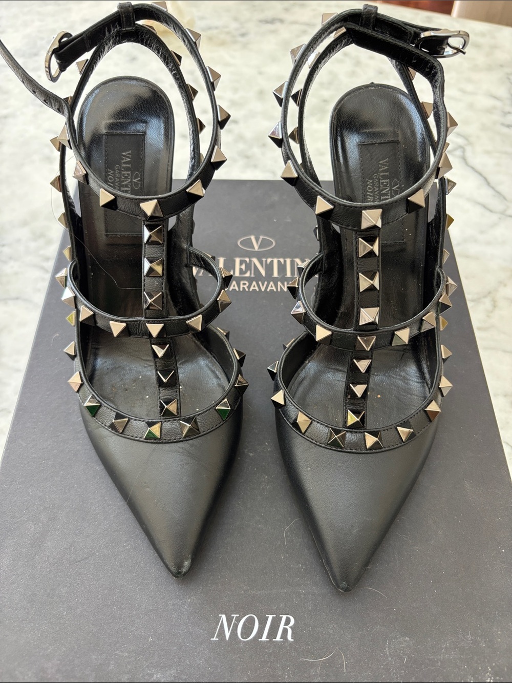 Valentino Garavani Black Pyramid Stud T-Strap Pointed Pumps
